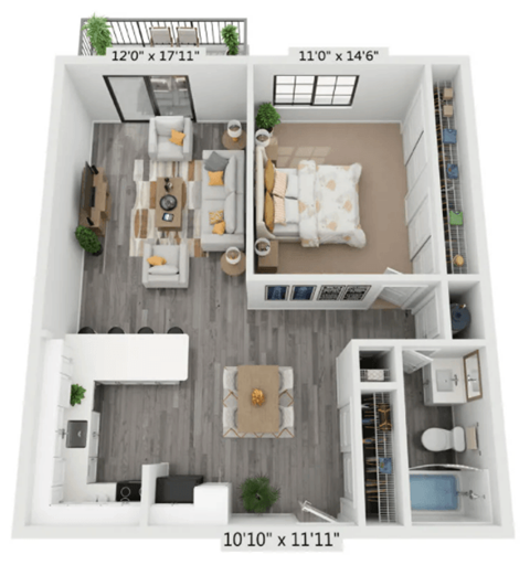 Floor plan for 1 bed, 1 bath, 770 sqft